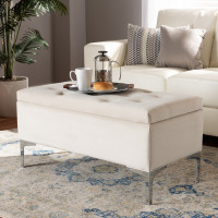 Baxton Studio WS-20093-Beige Velvet/Silver-Otto Mabel Modern and Contemporary Transitional Beige Velvet Fabric Upholstered Silver Finished Storage Ottoman